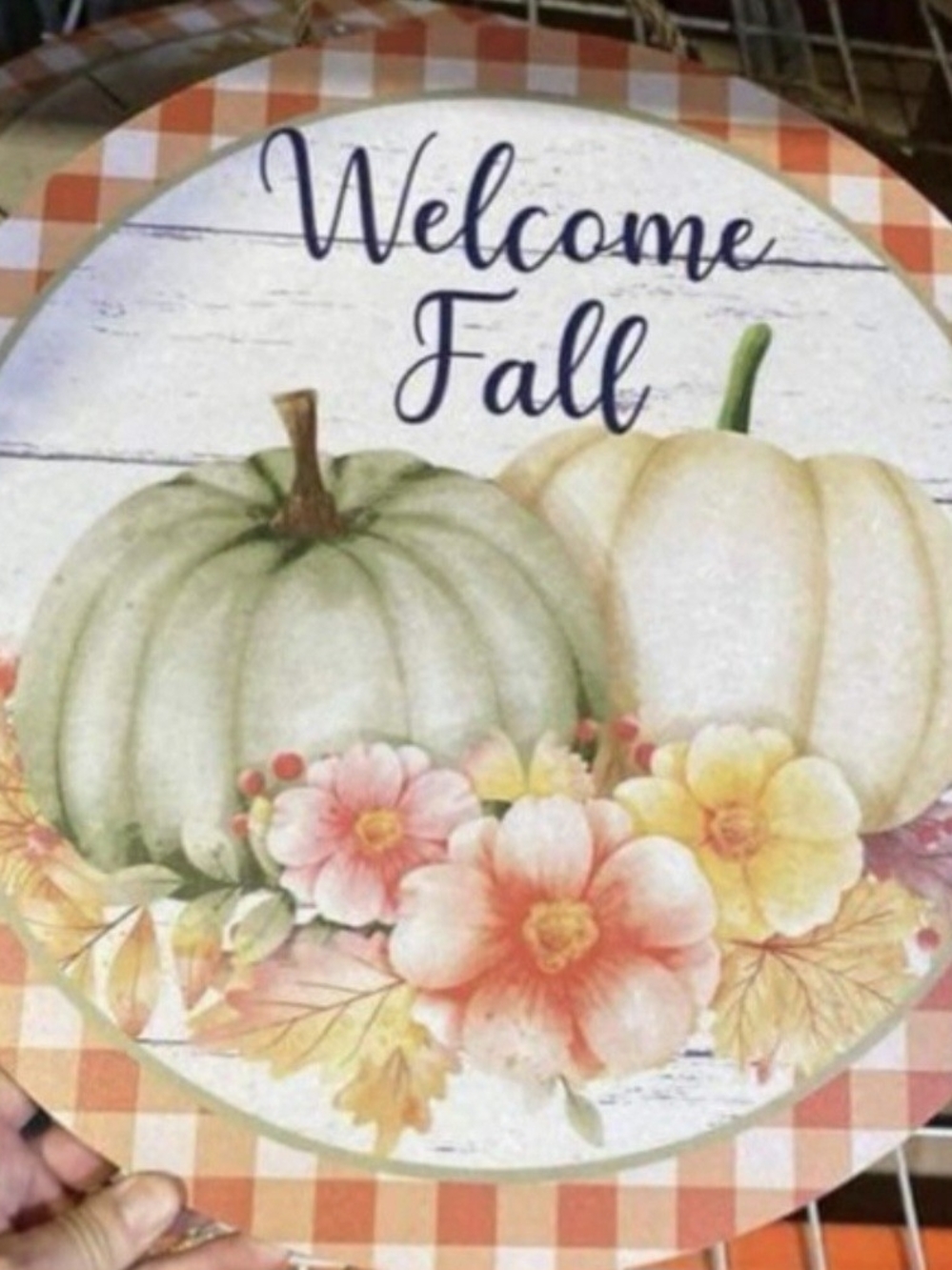 Welcome Fall Pumpkin Floral Round 18x18 Wall Sign - Cream & Green